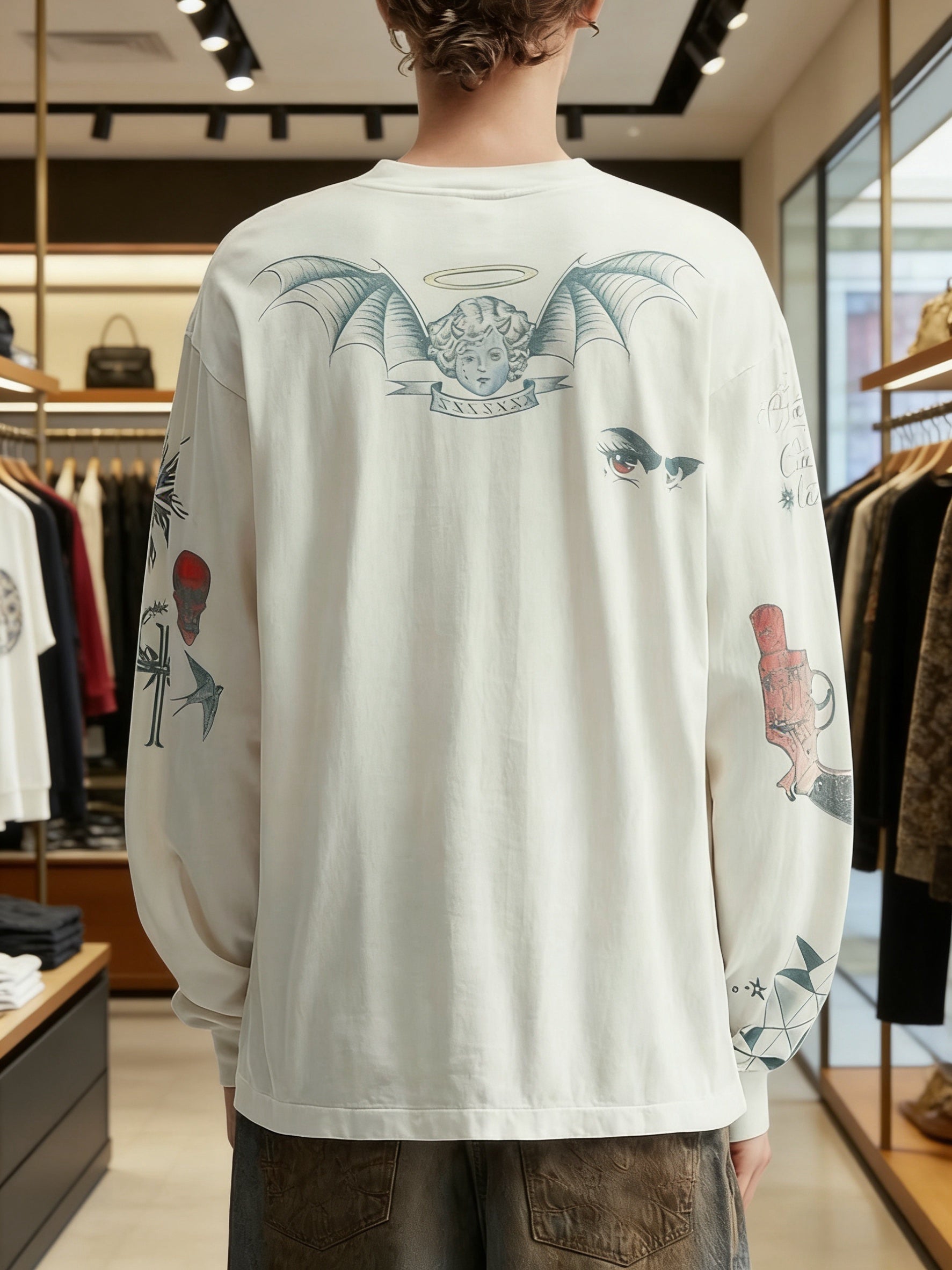 SAINT Mxxxxxx x Dr. Woo Tattoo Long-Sleeve Tee White — Fine-Line Edge, Washed Attitude - Afewvibe