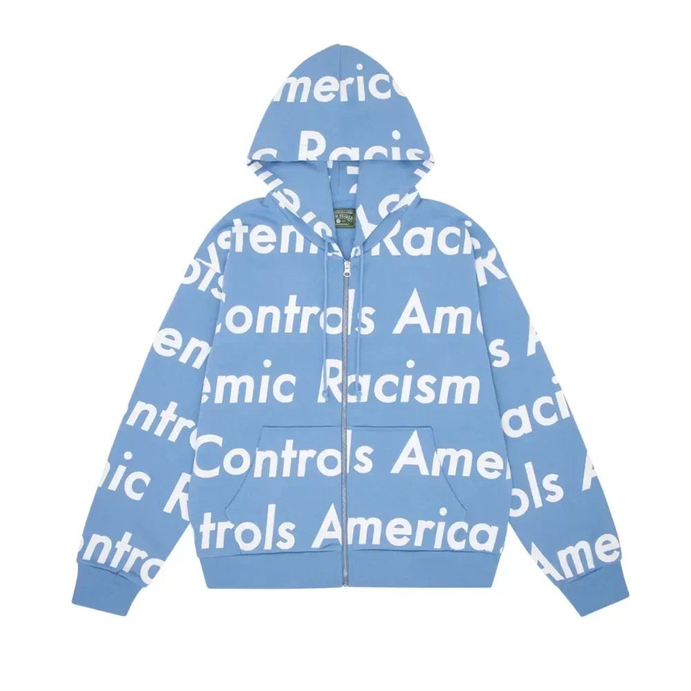 Denim Tears x Arthur Jafa Systemic Racism Controls America Zip Up Hoodie Dusty Blue - Afewvibe