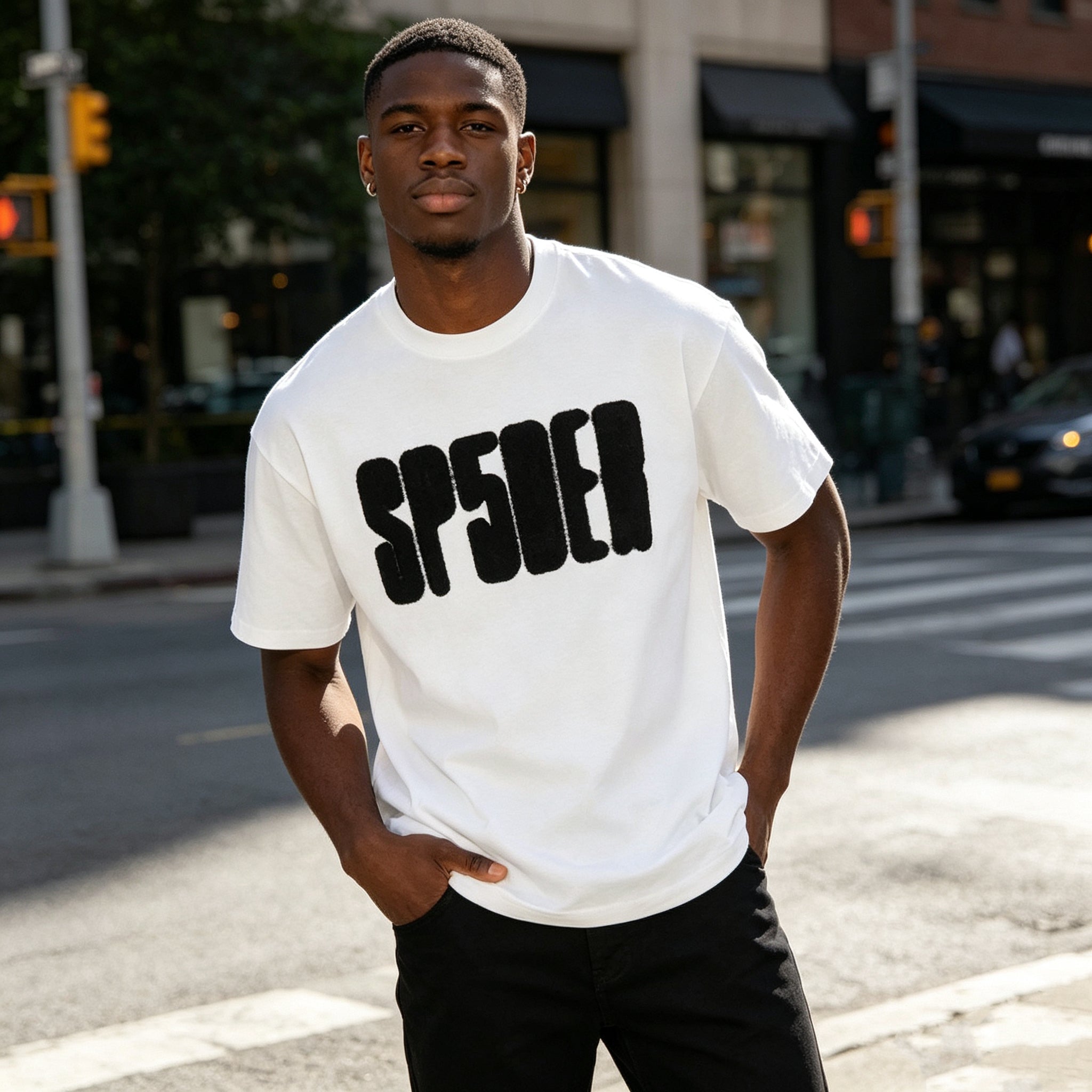 Sp5der Focused Logo Tee White Outfit Read - Afewvibe