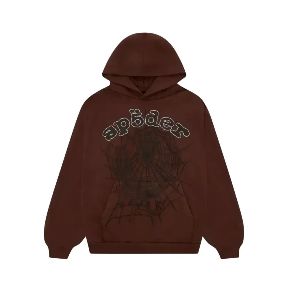 Sp5der x Travis Scott ComplexCon Exclusive Rhinestone Web Hoodie Brown - Afewvibe