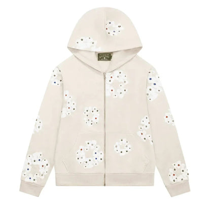 Denim Tears Rhinestone Wreath Zip Hoodie Oatmeal - Afewvibe