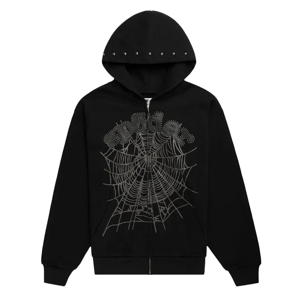 Sp5der OG Web Studded Zip Hoodie Black - Afewvibe