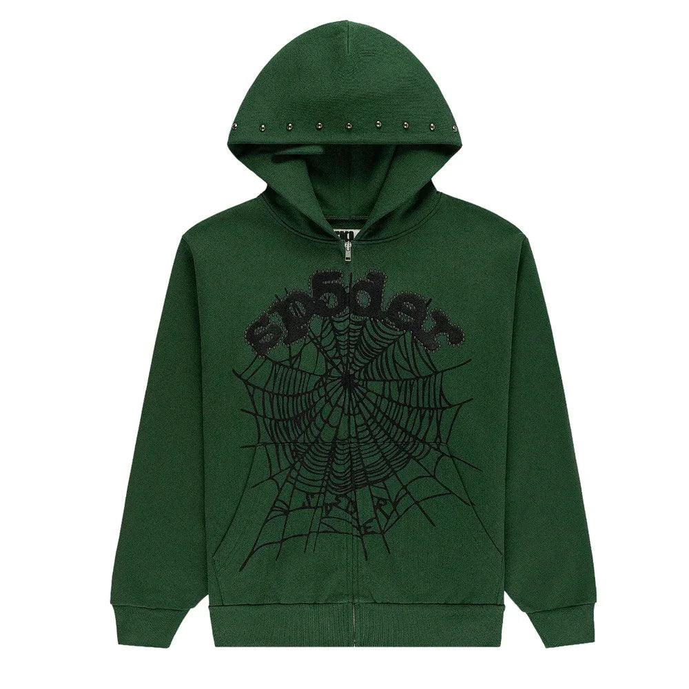 Sp5der Og Web Studded Zip Hoodie Green - Afewvibe
